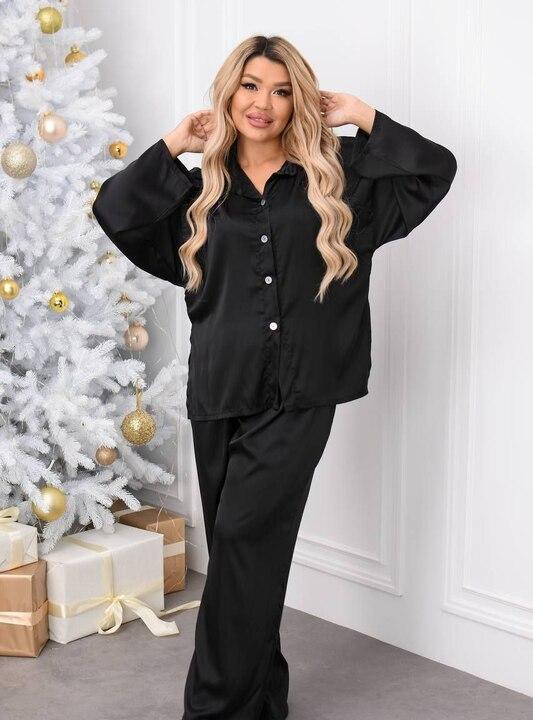 Домашний комплект женский из Армани шелка пижамный сорочка на пуговицах и прямые штаны на резинке с длинным рукавом