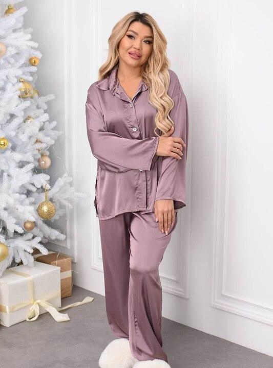 Домашний комплект женский из Армани шелка пижамный сорочка на пуговицах и прямые штаны на резинке с длинным рукавом