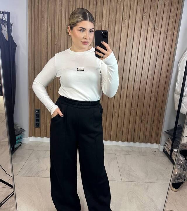 Брюки женские утепленные из трехнитки на флисе широкие прямые с высокой посадкой на резинке повседневные осенние