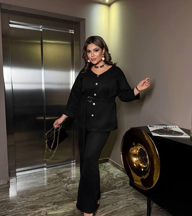 Костюм-двойка женский из замши на дайвинге блуза на пуговицах с поясом и пряжкой и брюки прямые повседневный осенний