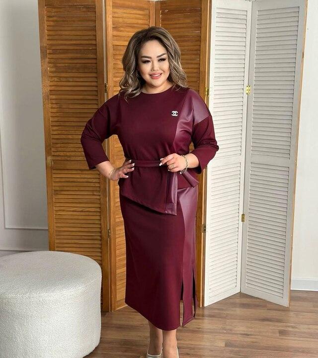 Костюм женский из двунитки и эко кожи блуза с декоративной вставкой и поясом юбка миди с разрезом повседневный осенний