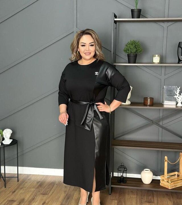 Костюм женский из двунитки и эко кожи блуза с декоративной баской и поясом юбка миди с разрезом повседневный осенний