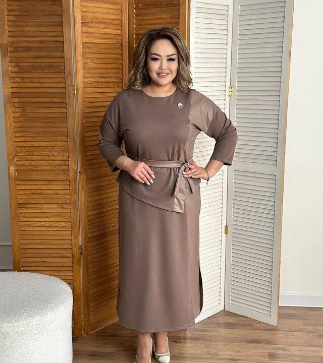 Костюм женский из двунитки и эко кожи блуза с декоративной баской и поясом юбка миди с разрезом повседневный осенний