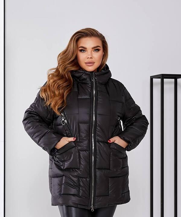 Куртка женская из плащевки лаке на синтепоне 250 стеганая с капюшоном зимняя