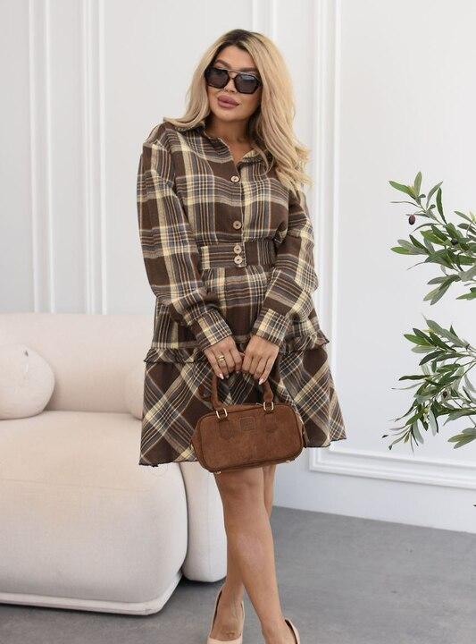 Костюм-двойка женский из байки: рубашка и юбка в клетку осенний
