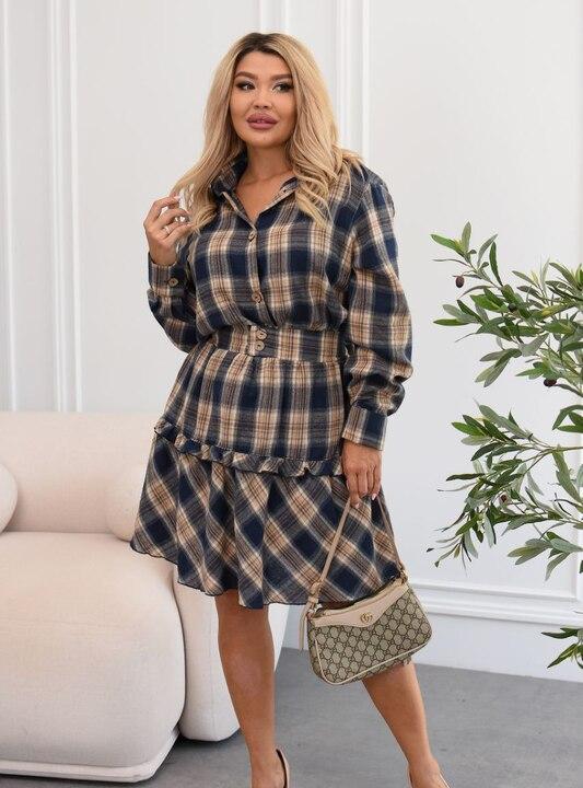 Костюм-двойка женский из байки: рубашка и юбка в клетку осенний