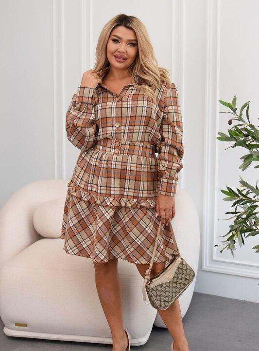 Костюм-двойка женский из фланели рубашка и юбка в клетку осенний