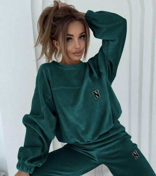 Спортивный костюм женский велюровый утепленный оверсайз двойка со свитшотом с вышивкой и прямыми брюками на резинке зимний