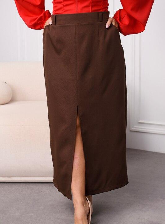 Юбка миди женская из костюмной ткани с высокой посадкой прямая с разрезом спереди с карманами демисезонная