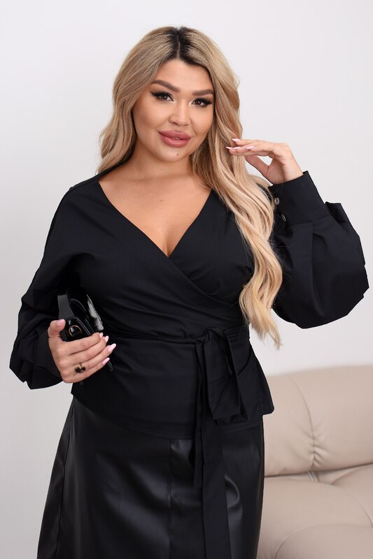 Блуза на запах женская из коттона с поясом V образный вырез с широкими рукавами демисезонная