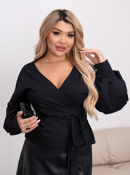 Блуза на запах женская из коттона с поясом V образный вырез с широкими рукавами демисезонная