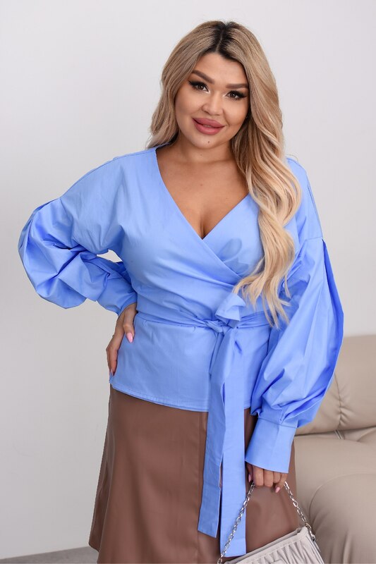 Блуза на запах женская из коттона с поясом V образный вырез с широкими рукавами демисезонная