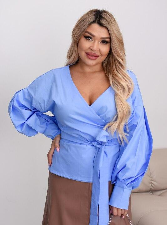 Блуза на запах женская из коттона с поясом V образный вырез с широкими рукавами демисезонная