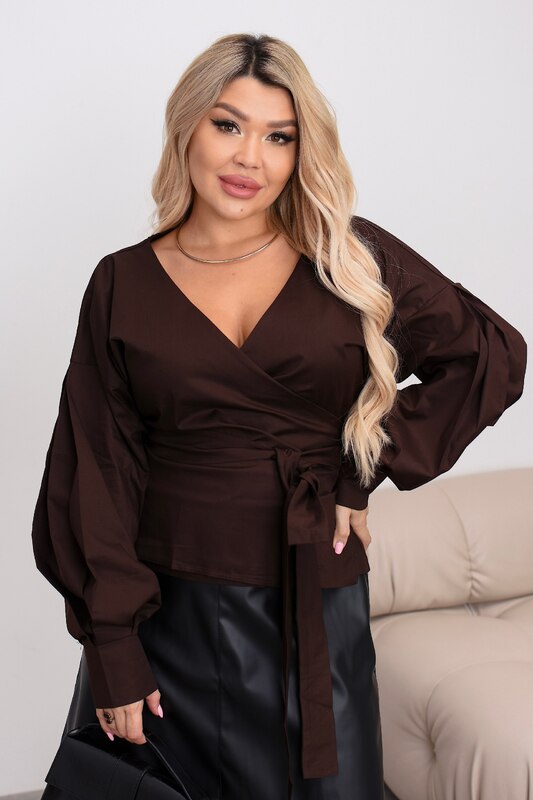 Блуза на запах женская из коттона с поясом V образный вырез с широкими рукавами демисезонная