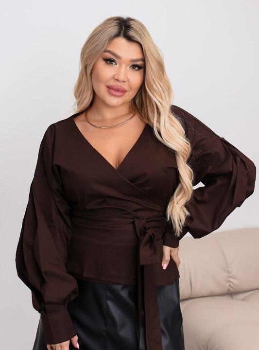 Блуза на запах женская из коттона с поясом V образный вырез с широкими рукавами демисезонная