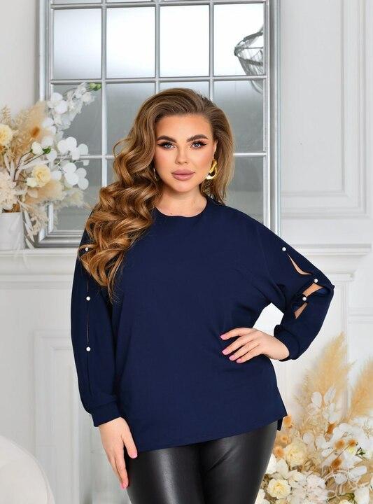 Туника женская из креп-стретча оверсайз силуэт летучая мышь с декоративными жемчужинами асимметричная демисезонная