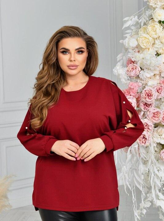 Туника женская из креп-стретча оверсайз летучая мышь с прорезями на рукавах и декоративными элементами демисезонная