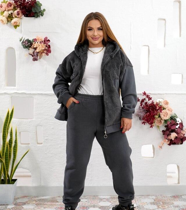Спортивный костюм женский из полар флиса и двустороннего тедди с оверсайз курткой на молнии и джоггерами утепленный зимний