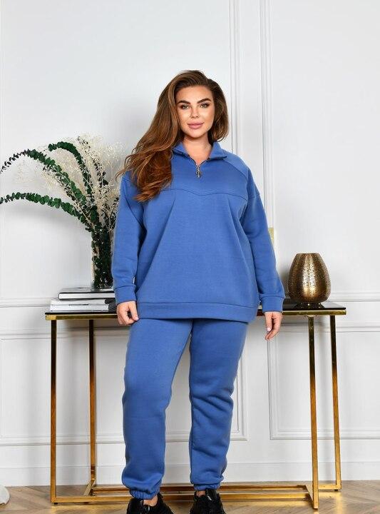 Спортивный костюм женский из трехнитки с начесом зимний со свитшотом и джоггерами утепленный большие размеры