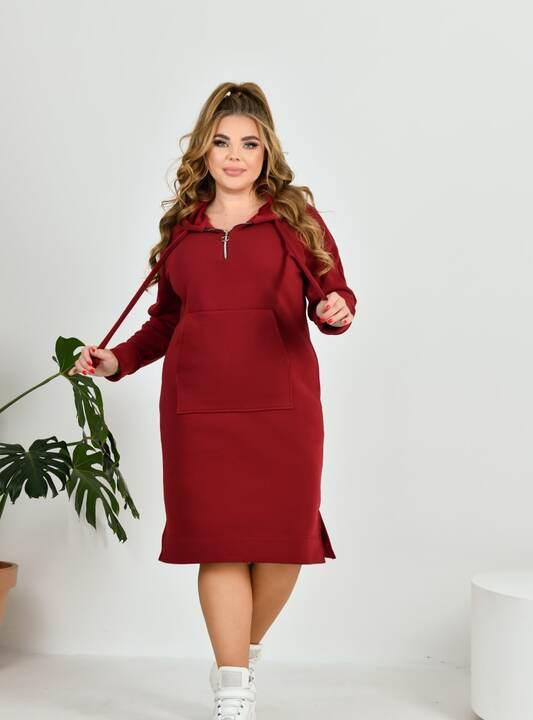 Платье-худи женское из трехнитки на флисе спортивное миди с капюшоном на молнии с карманом кенгуру с боковыми разрезами