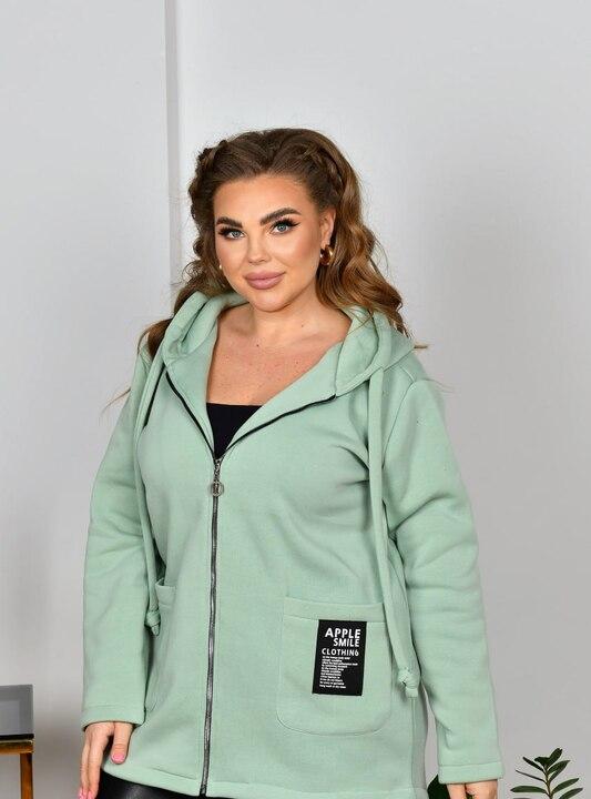 Куртка женская из тринитки на молнии с капюшоном с карманами удлинённая демисезонная