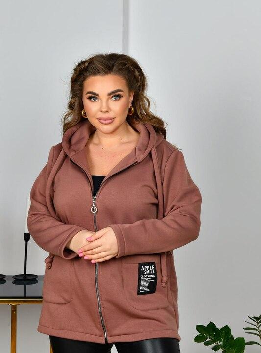 Куртка женская из тринитки с капюшоном на молнии с карманами удлинённая демисезонная