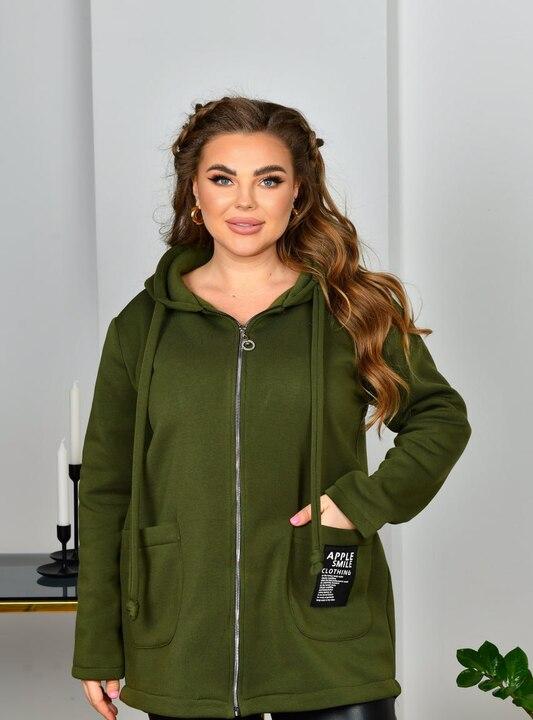 Куртка женская из тринитки на молнии с капюшоном с карманами удлинённая демисезонная