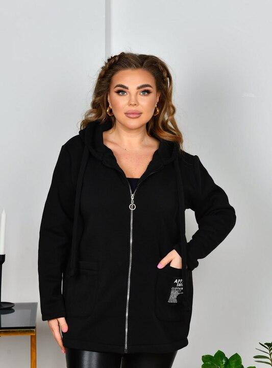 Куртка женская из тринитки с капюшоном на молнии с карманами удлинённая демисезонная