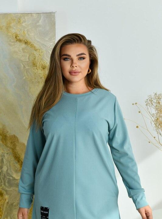 Туника женская из трикотажа рубчик с начесом шерстяная с вискозой и эластаном прямого силуэта с круглым вырезом с длинными рукавами на манжетах зимняя