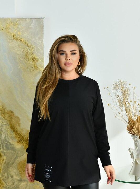 Туника женская из трикотажа рубчик с начесом шерстяная с вискозой и эластаном прямого силуэта с круглым вырезом с длинными рукавами на манжетах зимняя