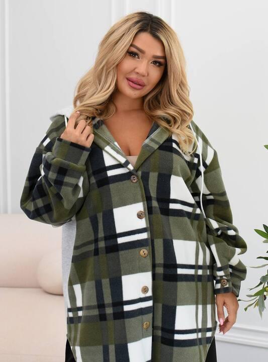 Рубашка женская из флиса и трикотажа в клетку с капюшоном на пуговицах утепленная весенняя