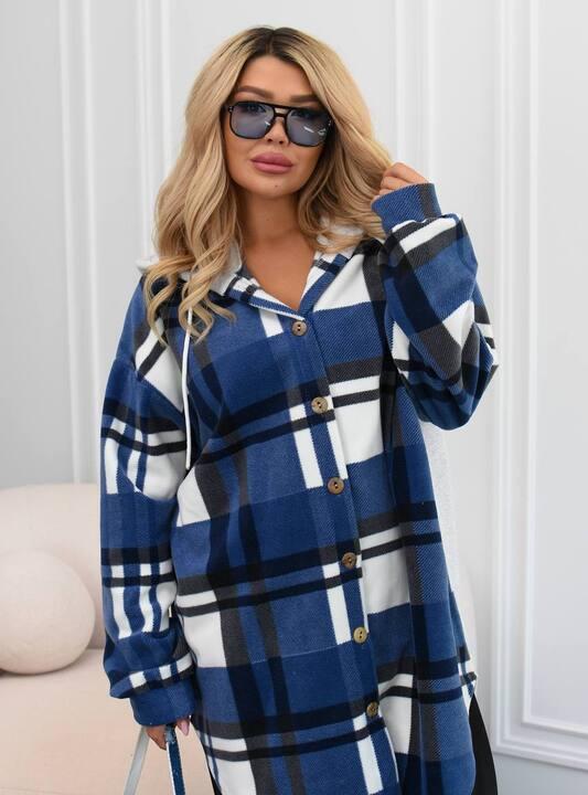 Рубашка женская из флиса и трикотажа в клетку с капюшоном на пуговицах удлиненная утепленная весенняя