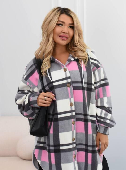 Рубашка женская из флиса и трикотажа в клетку с капюшоном удлиненная оверсайз на пуговицах утепленная
