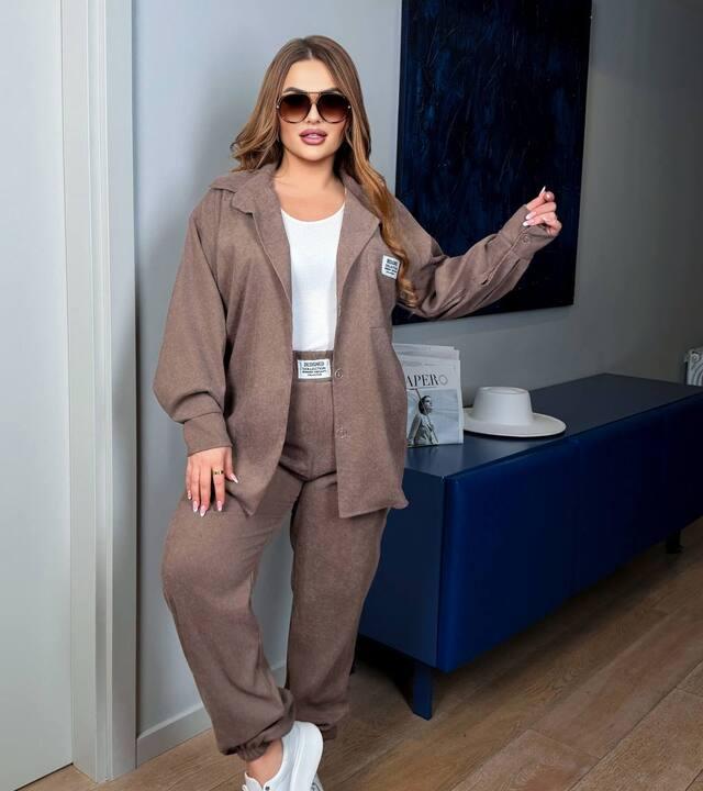 Костюм-двойка женский из вельвета: рубашка-оверсайз и брюки большие размеры зимний