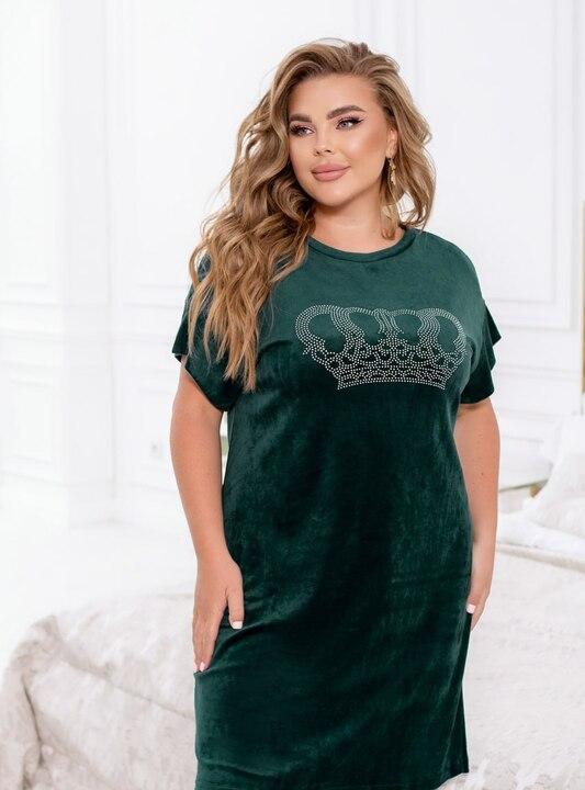 Домашнее платье-туника женское велюровое хлопковое с декоративным узором со стразами без застежки с карманами в боковых швах весеннее