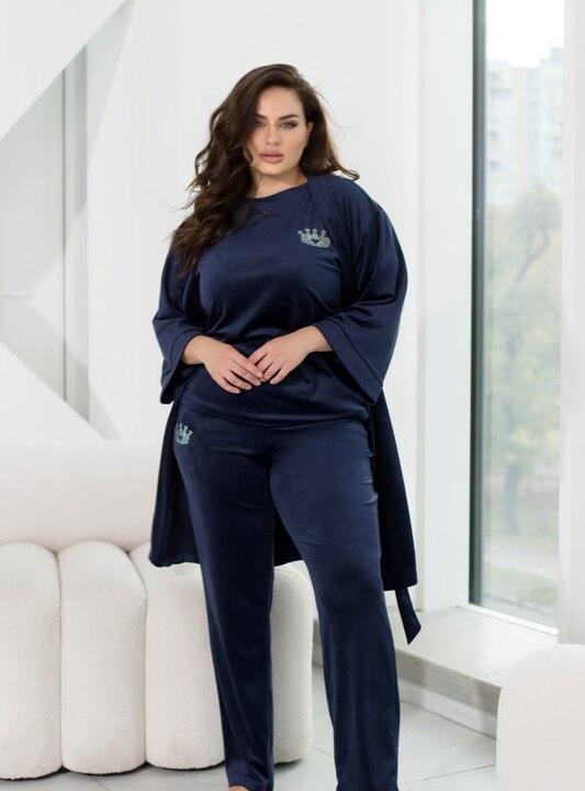 Домашний костюм-тройка женский велюровый из шовковистого хлопкового велюра: халат с поясом футболка и брюки весенний