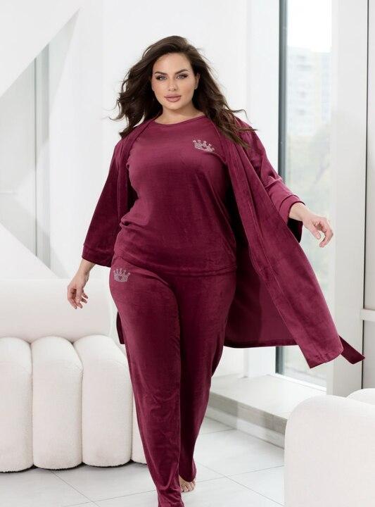 Домашний костюм-тройка женский велюровый: халат, футболка и брюки весенний