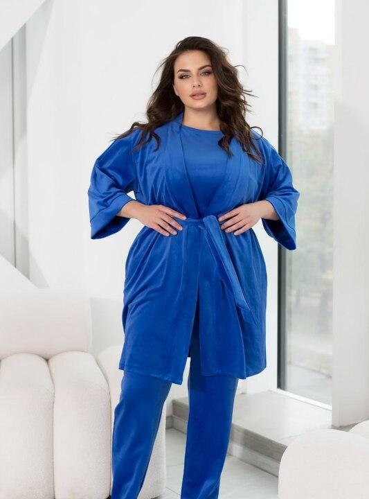 Домашний костюм-тройка женский велюровый: халат с поясом, футболка и брюки демисезонный