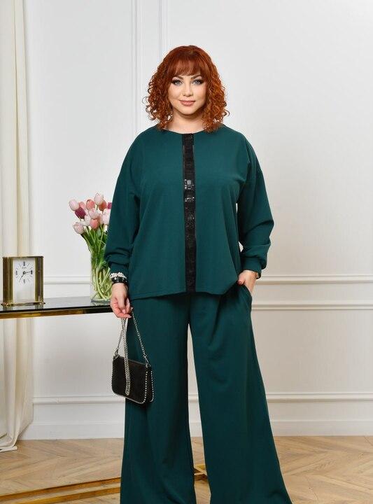 Костюм женский из крепа-стретч праздничный с туникой и брюками оверсайз большие размеры весенний