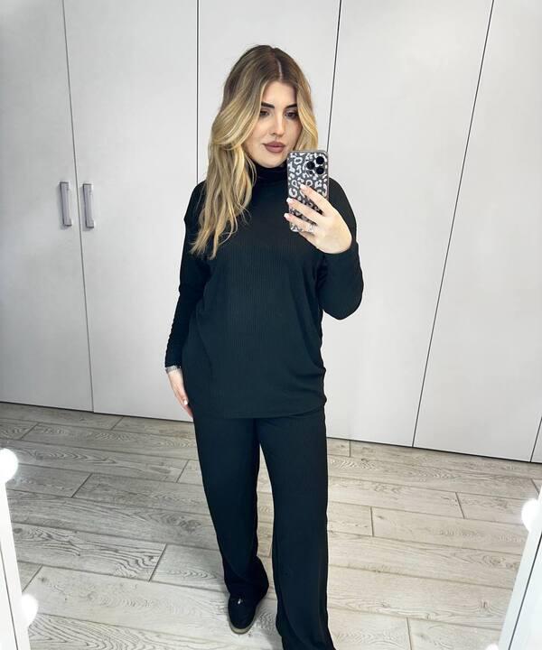 Костюм-двойка женский из трикотажа рубчик гольф и прямые брюки повседневный весенний