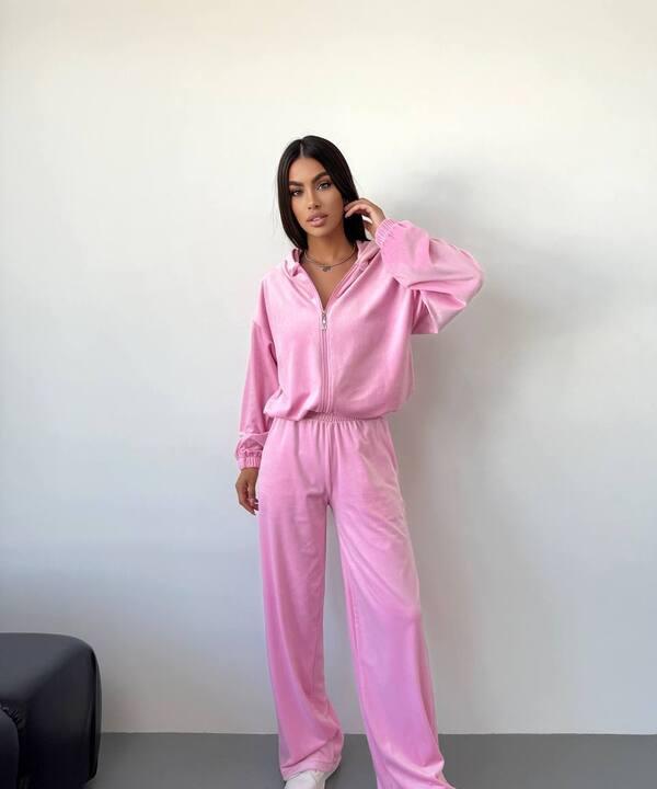 Костюм-тройка женский из велюра с кофтой на молнии: кофта топ и широкие брюки демисезонный