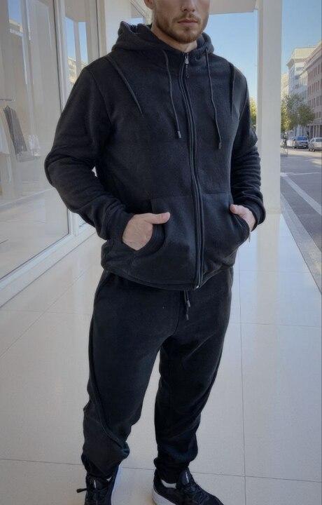 Спортивный костюм-двойка унисекс из полар флиса с капюшоном на молнии: кофта и джоггеры утепленный зимний