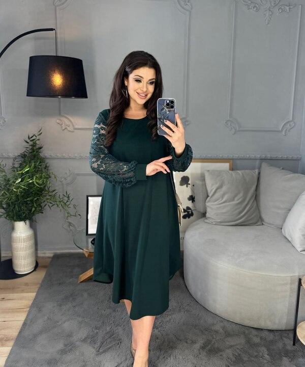 Платье-трапеция женское из креп-стретча с кружевными рукавами нарядное весеннее