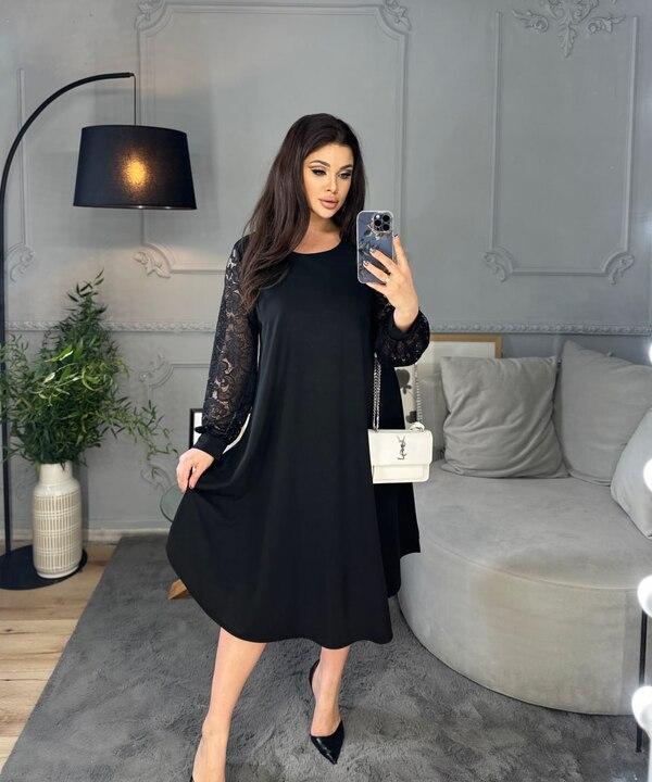 Платье-трапеция женское из креп-стретча с кружевными рукавами нарядное весеннее