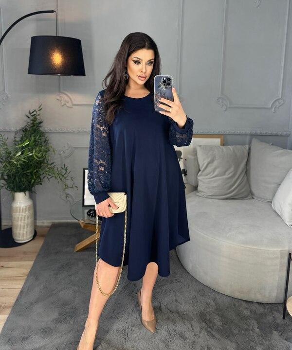 Платье-трапеция женское из креп-стретча с кружевными рукавами нарядное весеннее