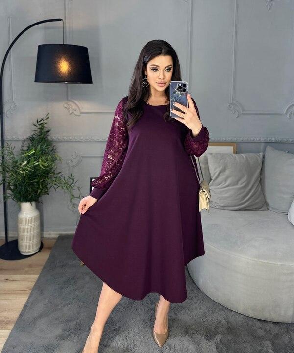 Платье-трапеция женское из креп-стретча с кружевными рукавами нарядное миди весеннее