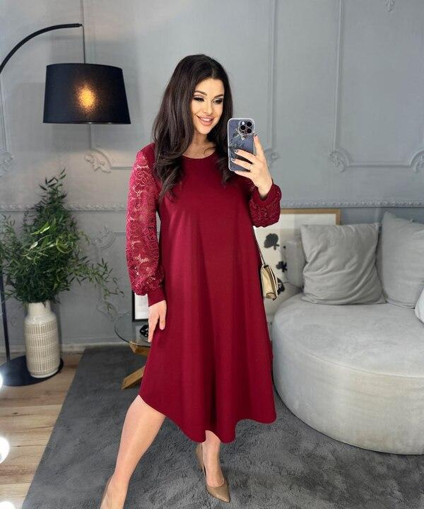 Платье-трапеция женское из креп-стретча с кружевными рукавами нарядное миди весеннее