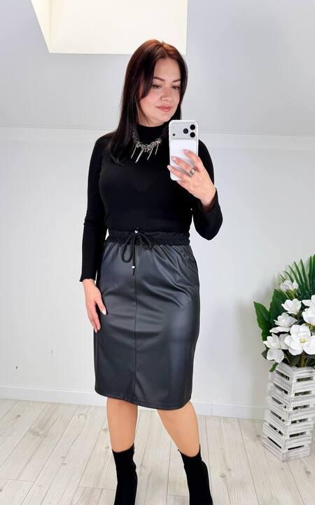 Юбка женская из экокожи и итальянского трикотажа карандаш миди на резинке со шнурком с карманами и разрезом повседневная