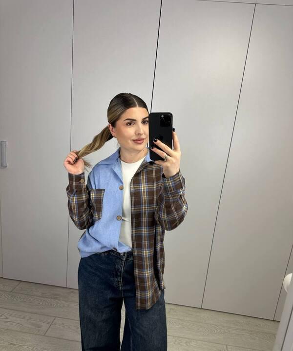 Сорочка женская из байки и вельвета в клетку оверсайз на пуговицах с длинным рукавом удлиненная весенняя