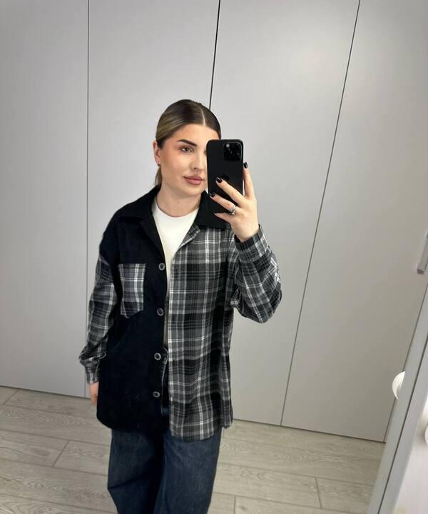 Сорочка женская из байки комбинированная в клетку оверсайз на пуговицах с длинным рукавом удлиненная весенняя